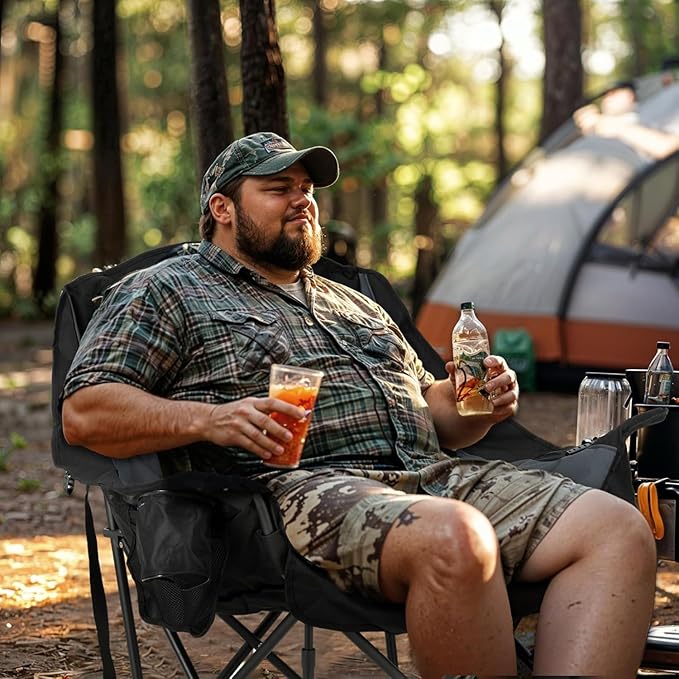 Overmont Oversized XL Camping Chair for Adults - 400lbs Support Heavy-Duty Padded Folding Chair with Side Pocket Cup Holder Cooling Bag for Outdoor Sports Garden Beach Fishing Lawn Black