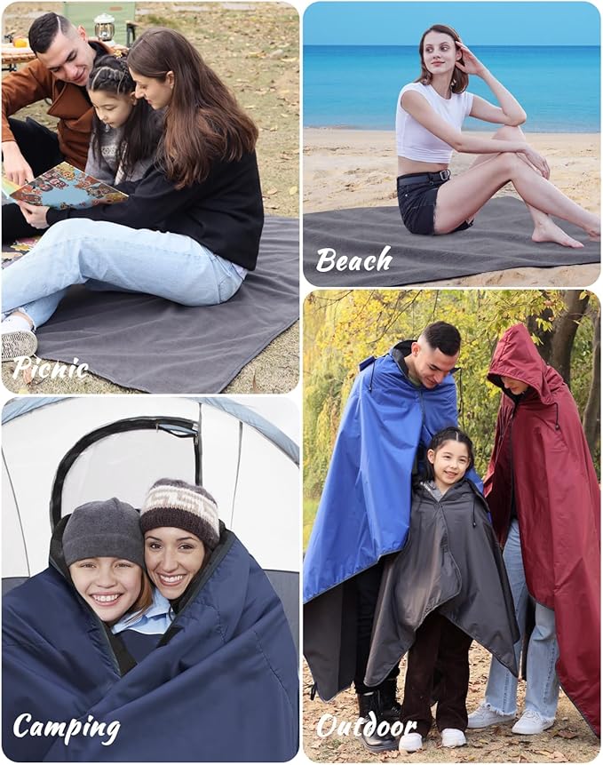 DUKUSEEK Waterproof Blanket Outdoor, Hooded Blanket Poncho - Large (79x56), Portable, Windproof Fleece Blankets for Cold Weather Camping, Picnic, Sports, Boat, Dogs, Festivals, Car, Emergency…