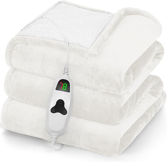 greenoak Heated Blanket Electric Throw 50"X60", Heating Blankets with 10 Heat Levels 8 Hours Auto-Off, Soft Flannel Sherpa Fluffy House Warming Gifts for Grandma Seniors Mom,Pure White
