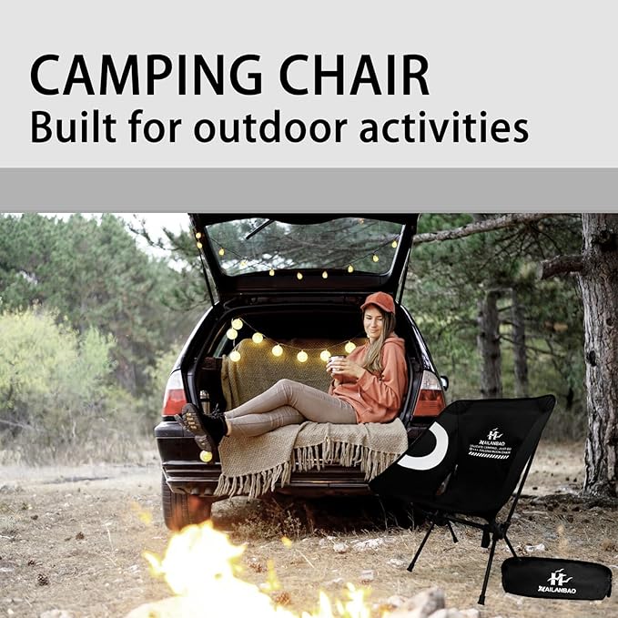 Folding Camping Chair for Adults, Heavy Duty 300lbs Capacity Compact Backpacking Hiking Chair – Portable Durable Outdoor Chair with Ergonomic Support (Black)
