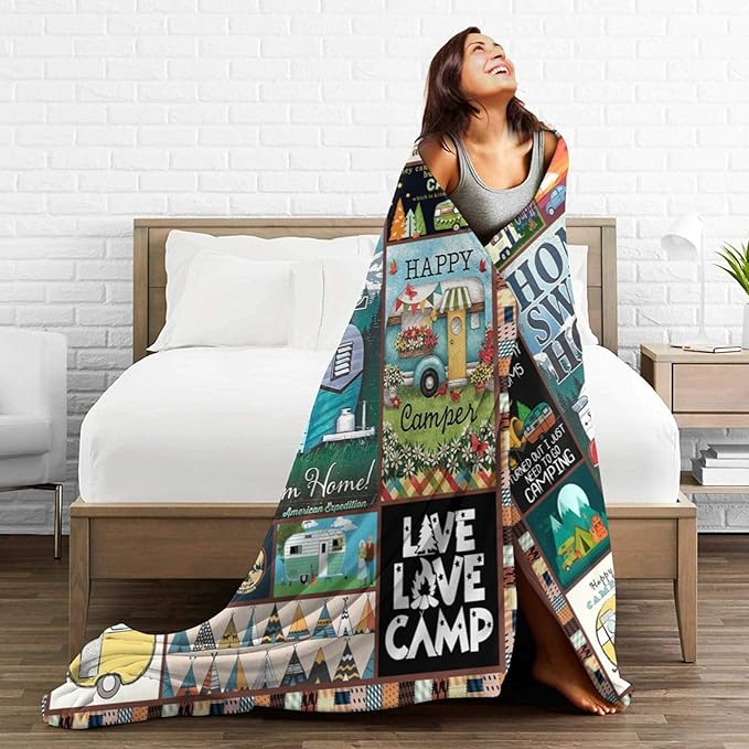 Camping Blanket Soft Warm Plush Throw Blanket Happy Camper RV Gifts for Camper Lover Cozy Lightweight Flannel Fleece Bedding Stuff Decor Blanket for Girls Kids Adults Women 60"x80"