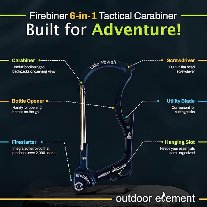 OUTDOOR ELEMENT Firebiner Custom Engraved 6-in-1 Fire Starter Carabiner Multitool – Survival Gear EDC Keychain with Utility Blade, Bottle Opener, Screwdriver, Emergency Tool