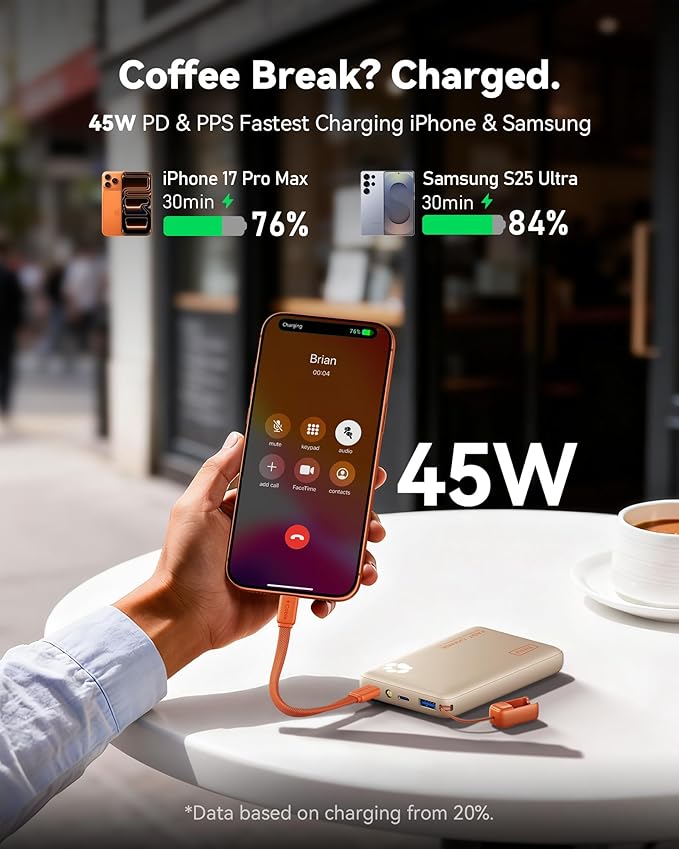INIU Portable Charger, Ultra Slim 45W Fast Charging with Attached USB C Cable, 10000mAh Power Bank Battery Pack, Travel Essential Phone Powerbank for iPhone 17 16 Samsung S25 Google, Beige