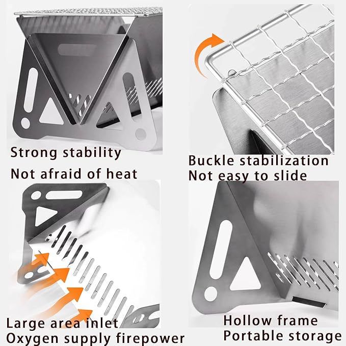 Outdoor Stainless Steel Camping Grill Folding Barbecue Grills Mini Portable Camping Grill with Bamboo chopsticks/Storage bag, Small Assemblable Removable BBQ Grill Tabletop Fire Pit for Camping Patio