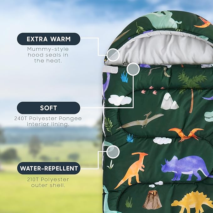 Wake In Cloud - Kids Sleeping Bag for Boys Toddlers, Camping in Warm Cold Weather, Backpacking Lightweight Compact Outdoor Liner for 3 Seasons, Watercolor Dinosaurs