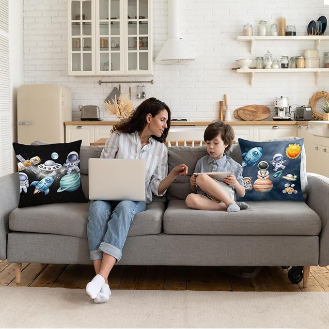 SPBL&L Galaxy Space Nursery Pillow Covers 18x18 Set of 2, Space Nursery Room Decor for Boys, Whimsical Cosmic Astronaut Planets Rocket Spacecraft Decorative Throw Pillow Covers for Kids Room Playroom