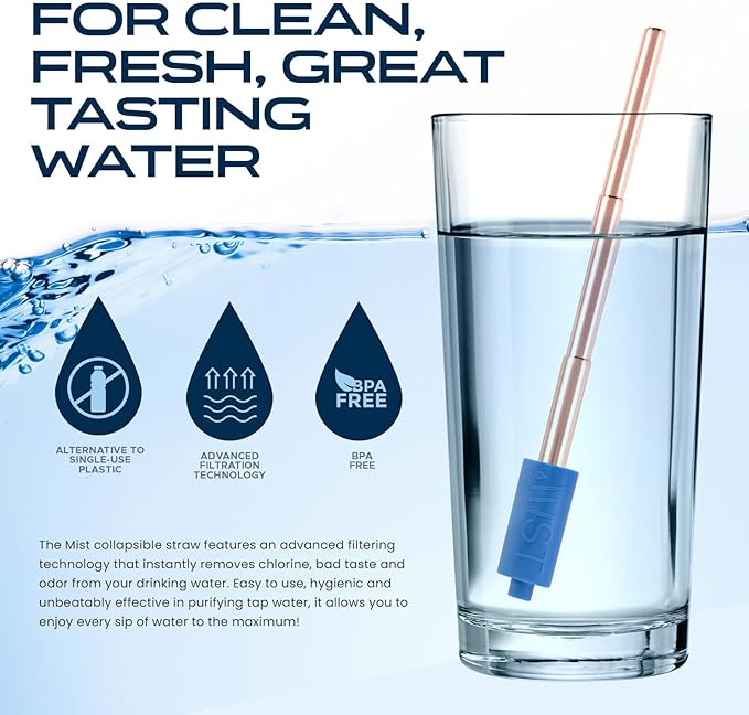 Mist Reusable Straw, Collapsible Reusable Metal Water Filtering Straw Removes Chlorine & Odor, BPA-Free, Portable, Stainless Steel, Filter Straw With Carry Case, Brush, Travel-Friendly, Navy