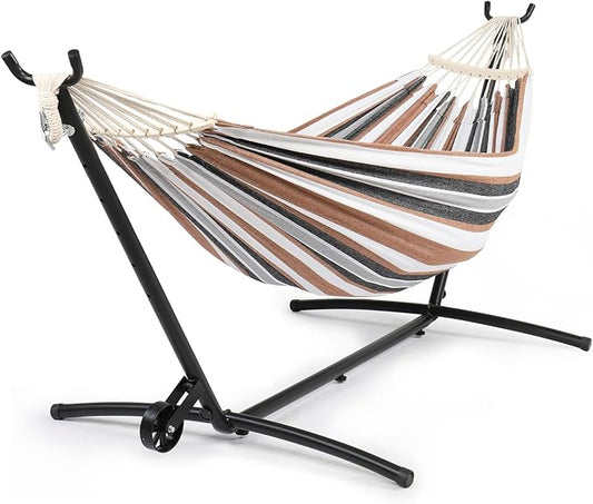 ONCLOUD Double Hammock with Spreader Bar & Heavy-Duty 9ft Steel Wheel Stand, Brazilian Hammock Set, Portable Hammock with Stand for Outside, Backyard, Camping, Includes Carry Bag, 550lb, Desert Strip