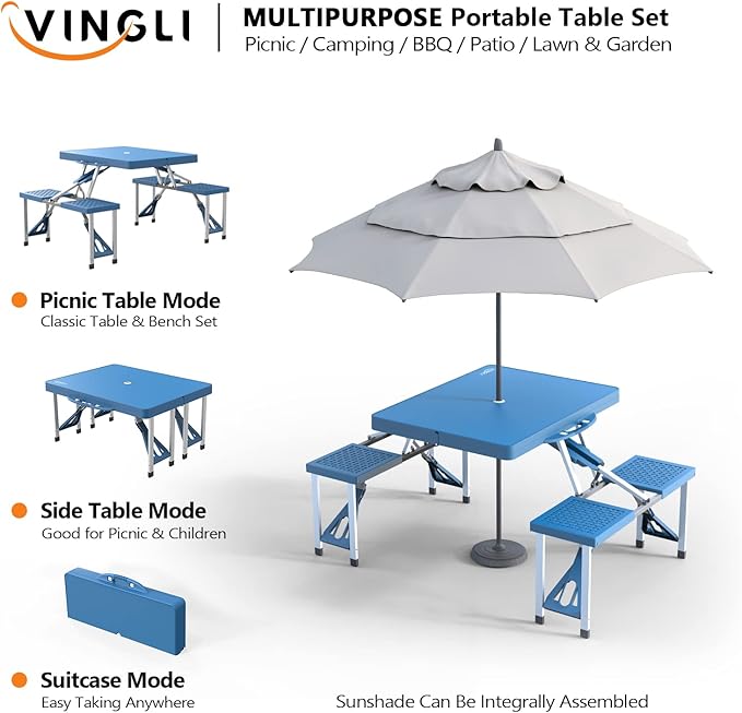 VINGLI 4 Ft Camping Picnic Table Set with 4 Seats with Umbrella Hole Folding Lightweight Suitcase Card Table-220 Lbs Support Aluminum Frame, Plastic RV Tabletop for Barbecue,Travel,Outing,Gathering