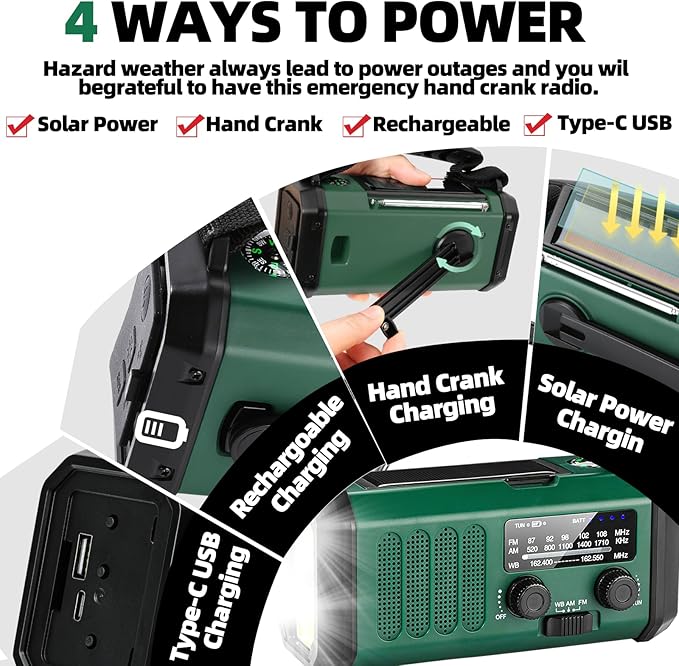 QAUYYW Hand Crank Emergency Radio,37000mWhSolar Powered Hand Crank Portable NOAA AM FM Weather Radio with 3Mode Flashlight and Reading Light,Cell Phone Charger,Home and Emergency Distress Signa