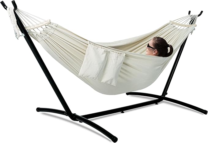 GAFETE Double Hammock with Stand for Outside, Upgraded Spreader Bar, Heavy Duty Space Saving Steel Stand 2 Person, Convenient Pocket, Easy Assembly, 600lbs Weight Capacity, Indoor & Outdoor (Natural