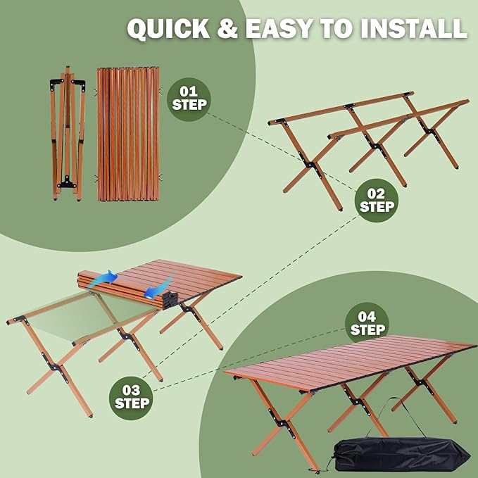 Camping Table Folding, 132 lbs Capacity & 11 lbs Lightweight, 45.5x23.2 Inch Portable Roll Up Low Picnic Table with Carry Bag for 4-6 Person, Beach, Backyard, BBQ, Camping