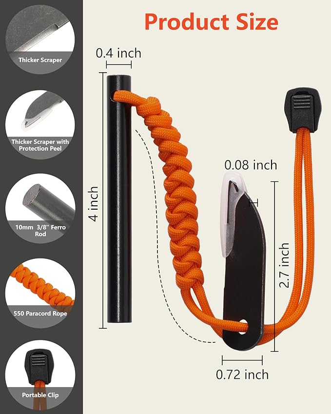 VVAAGG Flint and Steel Fire Starter: 3/8" 4 Inch Ferro Rod Magnesium Rods Survival Tool with Paracord Handle