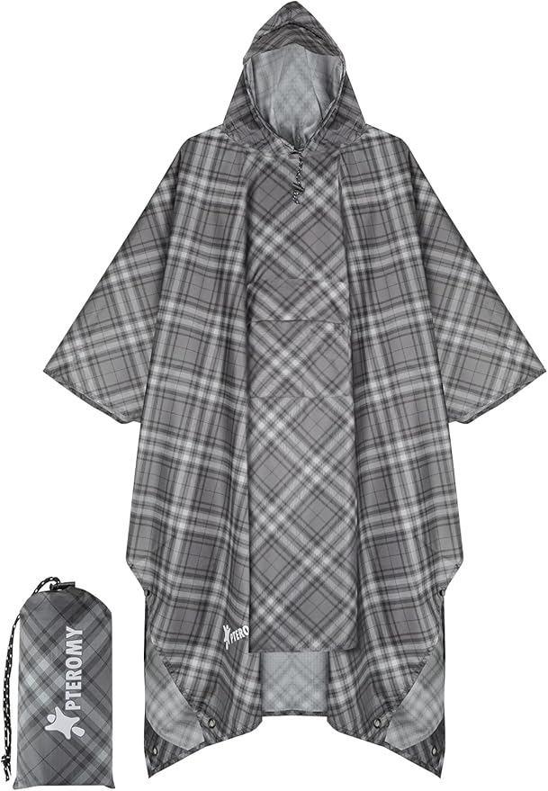 PTEROMY 3-in-1 Hooded Rain Poncho for Adult with Pocket, Waterproof Lightweight Unisex Raincoat for Hiking Camping Emergency