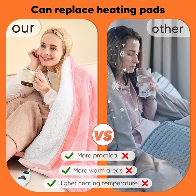 greenoak Heated Blanket Electric Full 72"X84", Heating Blanket with 10 Heat Levels 1/2/4/6/8 Hours Auto-Off, Soft Flannel Sherpa Warm Heater Christmas Blanket,Light Pink