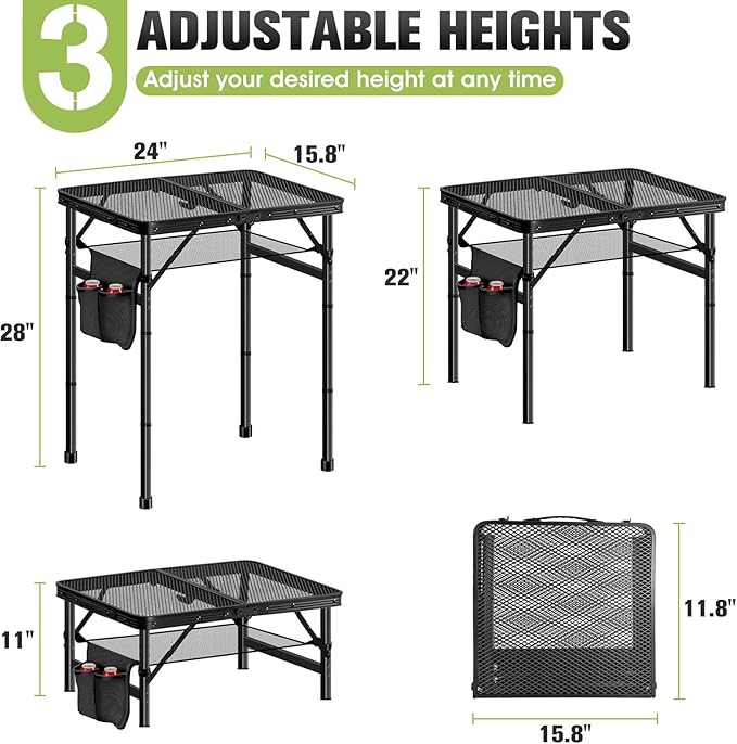 Ciavca Upgraded Folding Grill Table - Metal Portable Camping Table, 3 Height Adjustable Max 28", Lightweight Foldable for Outside BBQ 24"x15.8"