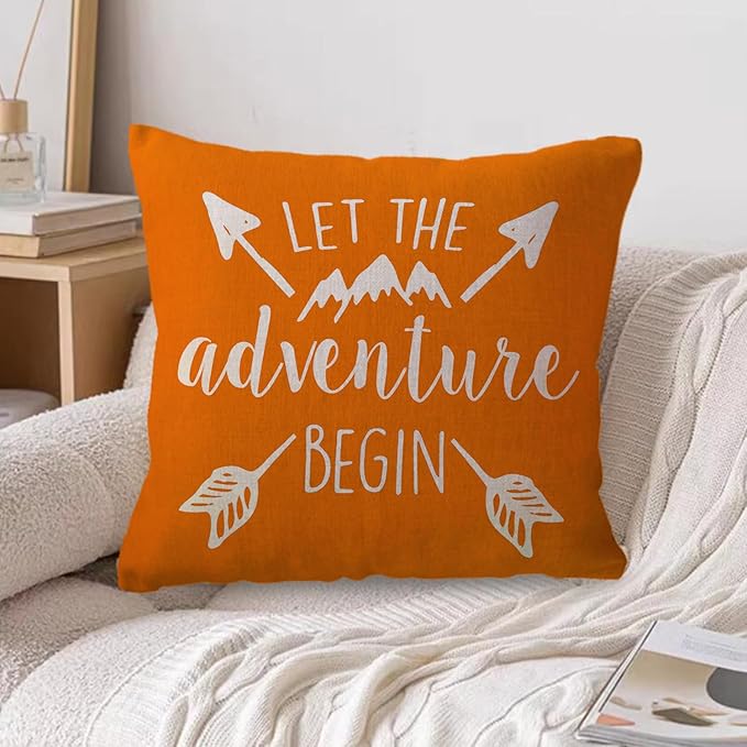 ULOVE LOVE YOURSELF Adventure Arrow Throw Pillow Covers Mountain Forest Pillowcases 18 x 18 Inch Let The Adventure Begin Decorative Cushion Covers for Cabin/Camper (Orange)