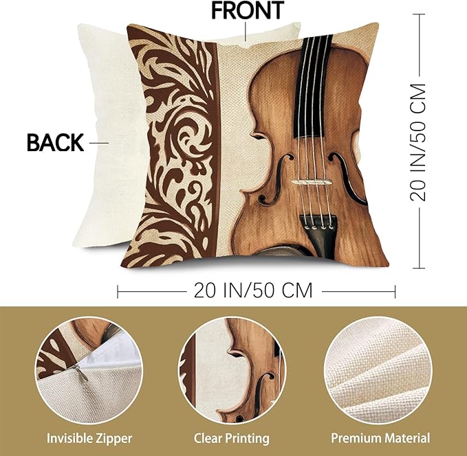 Classical Music Decorative Throw Pillow Covers 20 x 20 Set of 4, Vintage Instrument Violin Piano Trumpet Note Home Decor, Retro Sofa Couch Cushion Case Music Lover Singer Fan Housewarming Gift