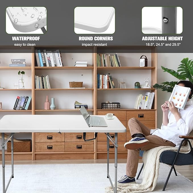 Byliable Folding Table 4 Foot Portable Heavy Duty Plastic Fold-in-Half Utility Table Small Indoor Outdoor Adjustable Height Folding with Carrying Handle, Camping and Party,White | Portable, Heavy Duty, Fold-in-Half, Indoor Outdoor, Adjustable Height, F...