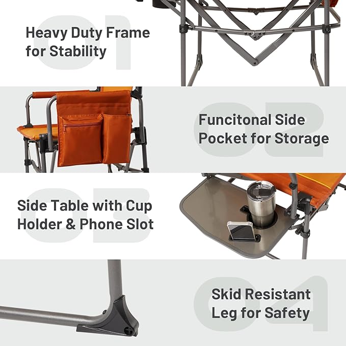 TIMBER RIDGE Aluminum Camping Directors Chair with Side Table Pocket, Portable Folding Chair, Heavy Duty Lawn Chair for Fishing Trip Picnic Concert Outdoor 400lbs, Orange 2 Pack