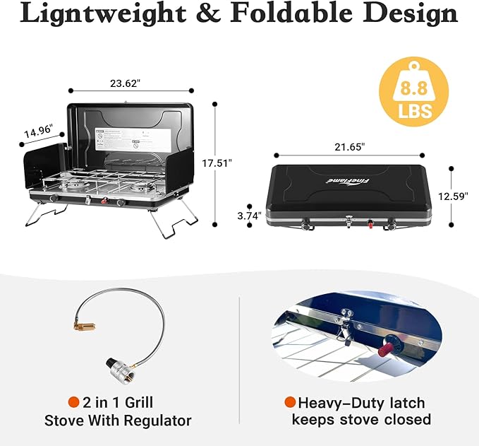 FineFlame Camping Stove, 2 Burners Portable Propane camp Stove with Regulator, Integrated Igniter & Stainless Steel Drip Tray & Built-in Handle & Foldable Legs for Outdoor Cooking Travel(20000BTU)