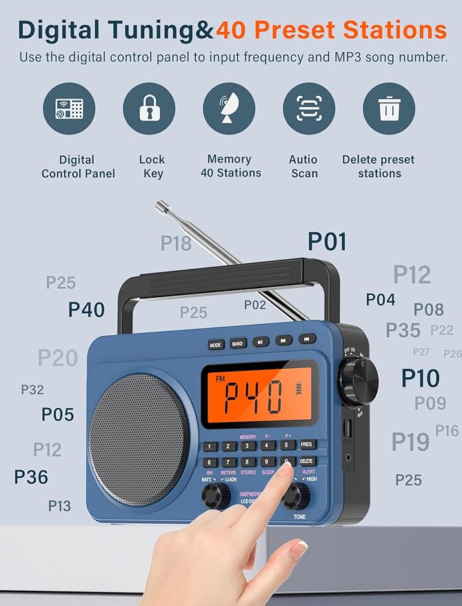 Digital AM FM Shortwave Radio with Best Reception,4000mAh Rechargeable Portable Radio with NOAA Weather Alert, Big Speaker, Digital Tuner and Stereo Earphone,Support Micro SD Card and USB MP3 Player