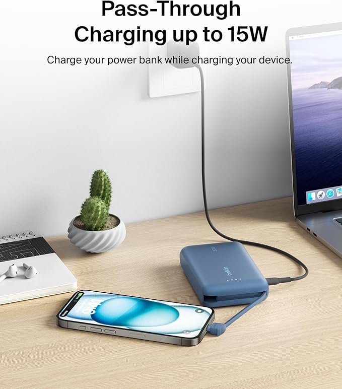 Belkin Portable Charger Power Bank USB C, 10000 mAh w/Integrated Cable, 20W Fast Charge USB-C Power Delivery, iPhone Charger, Apple iPhone 17, Air, Pro, Pro Max, iPad, Samsung Galaxy S25 - Blue