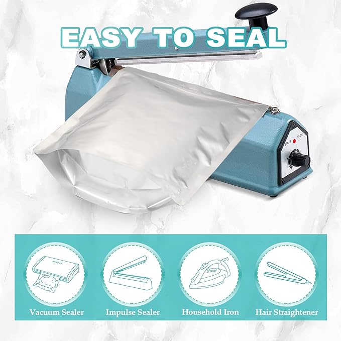 100pcs Mylar Bags for Food Storage with 150 Oxygen Absorbers & Labels, 10 Mil Thick 3 Sizes (1 Gallon, 1 Quart, 1/2 Pint) - Stand-Up, Resealable & Heat Sealable for Long Term Food Storage