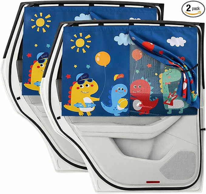Car Window Shade for Baby, 2 Pack Magnetic Double Layer Sun Shade with Cute Dinosaur Design, Adjustable Privacy Blackout/See-Through Window Curtains, UV Protection, Fits Most Cars SUV Minivan