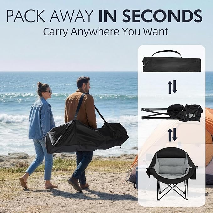 Oversized Camping Chair for Adults - Heavy Duty Outdoor Padded Large Lawn Camp Chair with Cup Holder Cooler Pockets for Sports Beach Fishing Garden Portable Supports 500lbs, Black/AllBlack 2 Pack