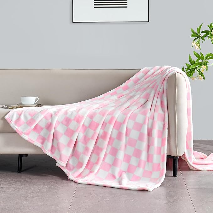Edenleaf Pink Checkered Blanket, Ultra Soft Fleece Checkered Throw Blankets for Couch Bed and Travel, Luxury Throws for All Seasons, 50x60 Inch, Pink