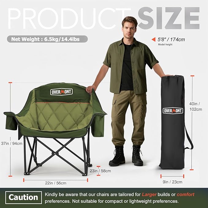 Overmont Oversized XL Camping Chair for Adults - 400lbs Support Heavy-Duty Padded Folding Chair with Side Pocket Cup Holder Cooling Bag for Outdoor Sports Garden Beach Fishing Lawn Green