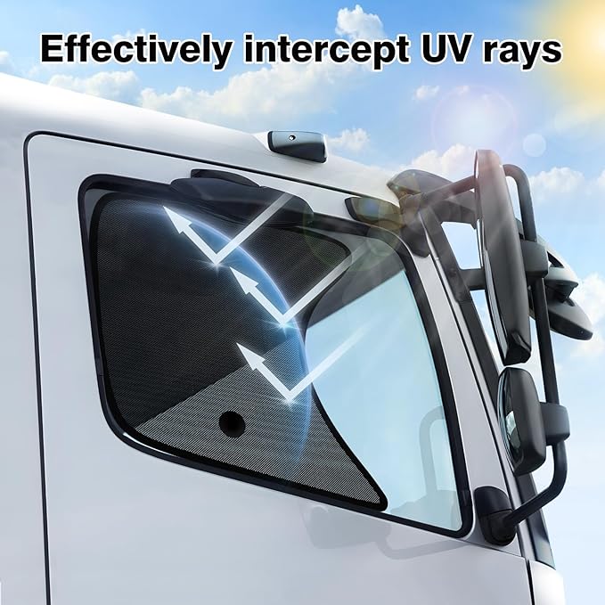 KUST 2PCS 23.6''*21.6'' Side Window Shade for Semi Truck, Peterbilt 389, Volvo VNL, Freightliner Cascadia, Freightliner Argosy - Mesh Sunshade with Suction Cup - Semi Truck Accessories for All Season