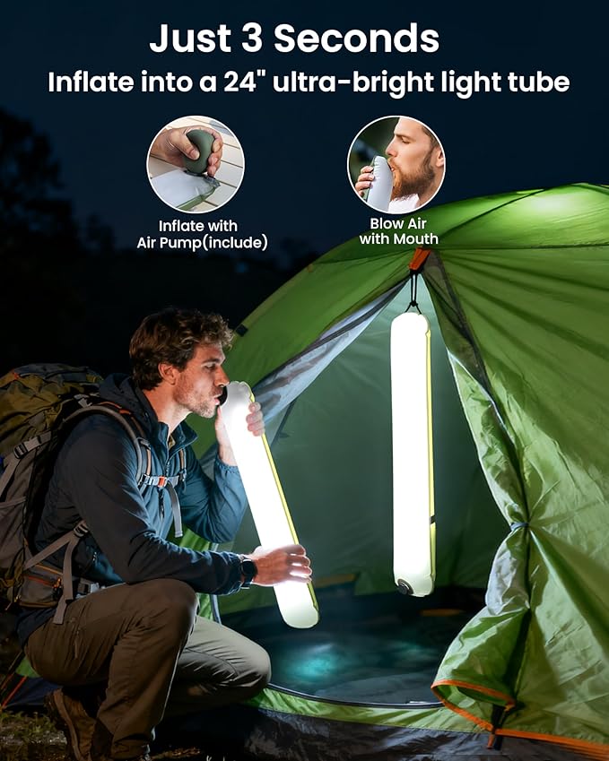 2 Pack 24" Inflatable Solar Camping Lantern, Magnetic LED Tube Light with USB-C 2000mAh Power Bank, IP66 Waterproof TPU Tent Light for Hurricane Emergency, Backpacking & Off-Grid Survival