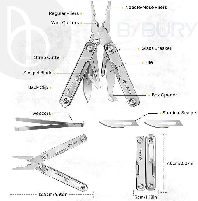 BIBURY Mini Multitool Pliers BI2051A, Mini Pocket Pliers with Window Breaker, Seat Belt Cutter, Bottle Opener for Outdoor Survival, EDC Multi Tool with Pocket Clip, Gifts for Men Women