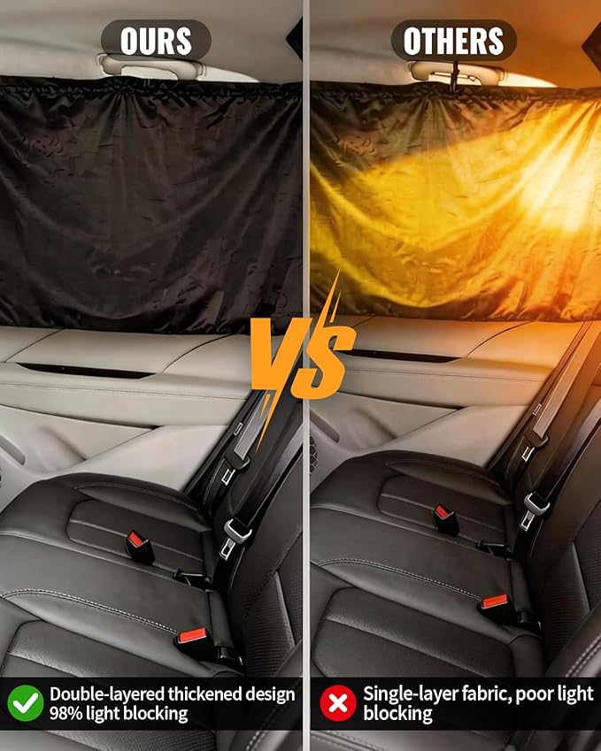 Car Privacy Curtains, Set of 3 Upgraded Double-Layer Large Size Car Divider Curtain+Side Window Sunshade with Storage Bag, High Privacy Curtains for Travel Camping Nap Sleeping (Black)