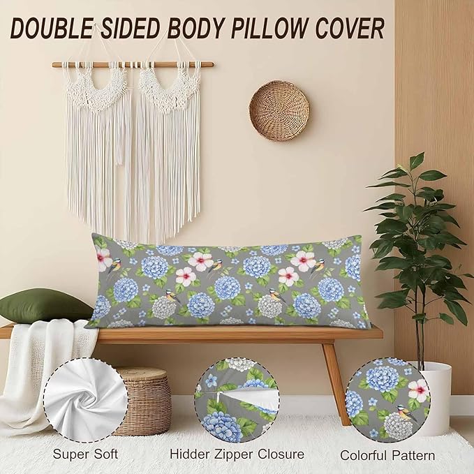 Couch Body Pillow Cover Hummingbird Bedding Body Pillow Case for Men Women, Blue Hydrangea Oblong Pillow Covers Throw Body Cushion Cases for Home Sofa Livingroom 20"X 54"