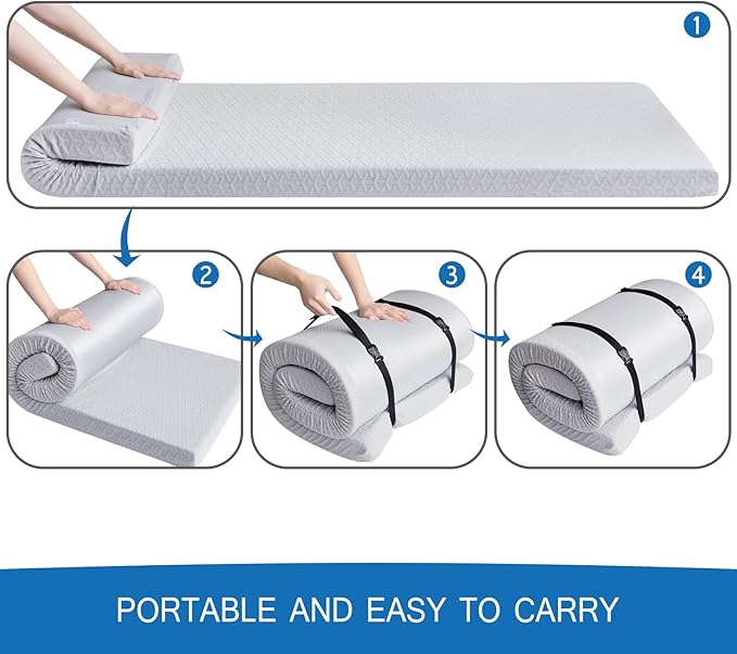 Memory Foam Camping Mattress Pad 3 Inch Thick, Portable Sleeping Pad with Waterproof Cover, Portable Roll Up Cot Mattress Pad Floor Mat for Travel Truck Bed Tent 72" x 24"x 3"
