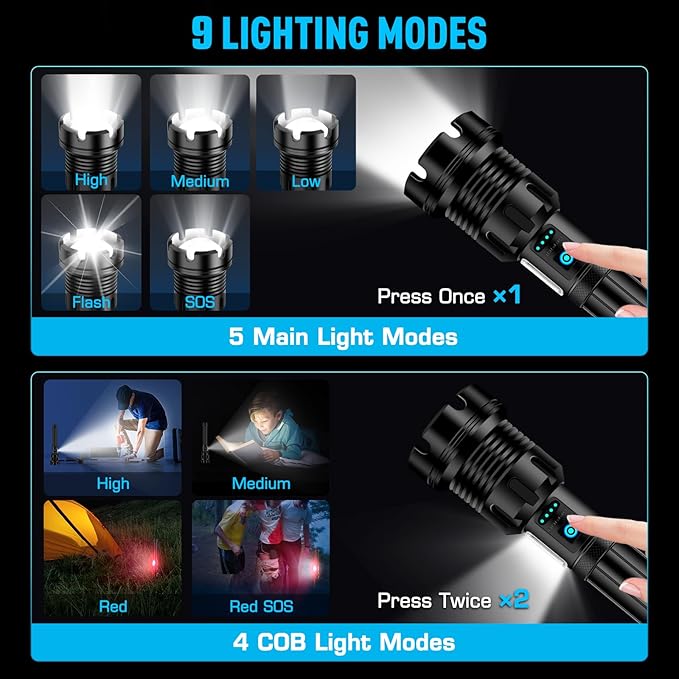 ANKRA 990000 High Lumens Flashlights Rechargeable with COB Work Light Super Bright LED Flashlight Zoomable&14 Modes &Waterproof Tactical Flashlight for Emergencies,Camping,Hiking,Outdoor,Indoor