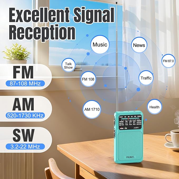 PRUNUS J-211 Portable Radio AM FM with USB Charging and AA Battery Operated, Transistor Radio, Strong Reception& Clear Speaker, Headphone Jack, Back Clip, Lanyard, Small radios Portable AM FM