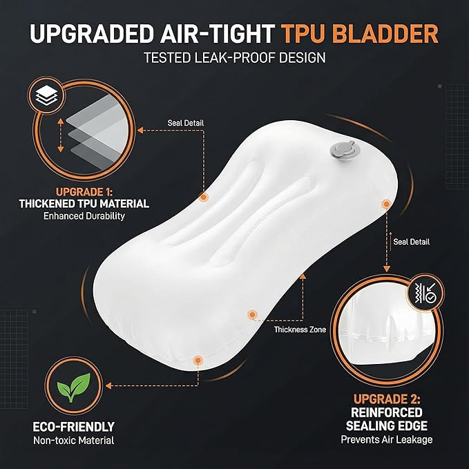 Inflatable Camping Pillow - Ultralight Compact Air Pillow for Travel, Backpacking & Hiking - Ergonomic Neck & Lumbar Support - Portable Inflatable Pillow with Removable Washable Cover - (Grey)
