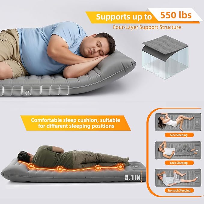 Extra Thick Camping Sleeping Pad – Self Inflating Camping Mat with Ultralight Sleeping Bag Liner, Backpacking Camping Pad with Pillow & Foot Pump for Outdoor Hiking, Tent, Travel (Gray)