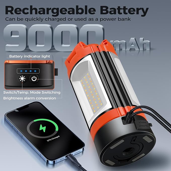 Rechargeable 12000mAh Camping Light with Adjustable Stand, Cordless Work Light with 3 LED Lamp Heads, 2200 Lumens Dimmable Magnetic Emergency Flashlight with Detachable Tripod, Orange