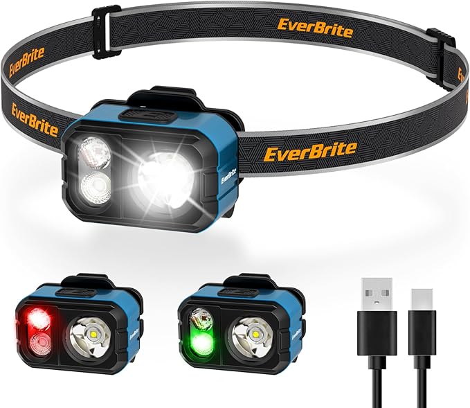 EverBrite 400LM Rechargeable Headlamp, 1.59 oz Lightweight & Comfortable Head Lamp with Hat Clip, IP67 Waterproof, White/Red/Green Light, 7 Modes for Running, Camping and Backpacking-Blue
