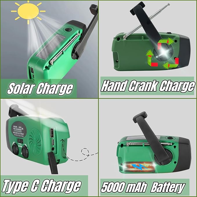 5000mAh Hand Crank Emergency Weather Radio, AM FM NOAA Solar Radio with Led Flashlight and Earphone Jack, Charger for Smartphone, USB-C Cable/Self Powered with SOS Alarm (Green)