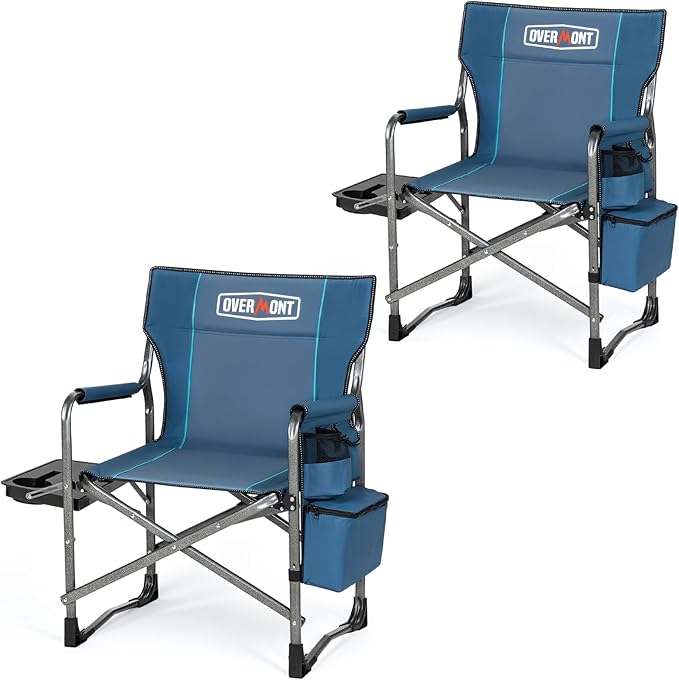 Overmont 2PCS Oversized Lightweight Camping Chair - Portable Comfortable Heavy Duty Foldable Directors Chairs with Side Table & Cooler Bag for Outside Camp Beach Picnic Lawn and Fishing Support 400lbs