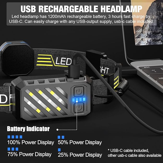 LED Headlamp, 1000lumens 230° Widebeam Headlight, USB Rechargeable HeadLamp with Red Taillight, Lightweight Waterproof Headband Light for Camping Running Hiking, Hard Hat Headlamp 6Packs