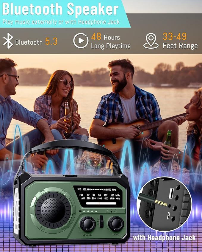 16000mAh Emergency Weather Radio, AM/FM/NOAA Weather Alert Radio Hand Crank/Solar/Type-C Fast Rechargeable Outdoor Radio with Reading Lamp/SOS Alarm/3 Mode Flashlight/Power Bank(Green)