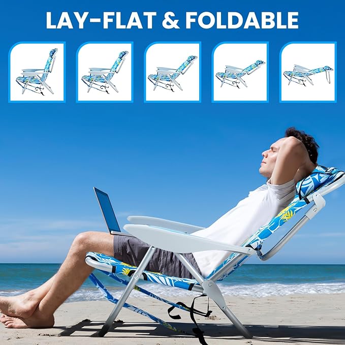 Portable Beach Chair for Adults, Outdoor Camping Chair Lay Flat Folding Backpack Beach Reclining Chair with 5 Positions, Headrest, Cup Holder, Heavy Hawaiian Style