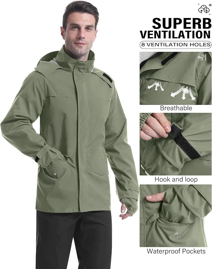 iCreek Rain Suit Waterproof Jacket with Pants 2 Pieces Breathable Lightweight Packable Raincoat with Hooded Rain Gear Unisex